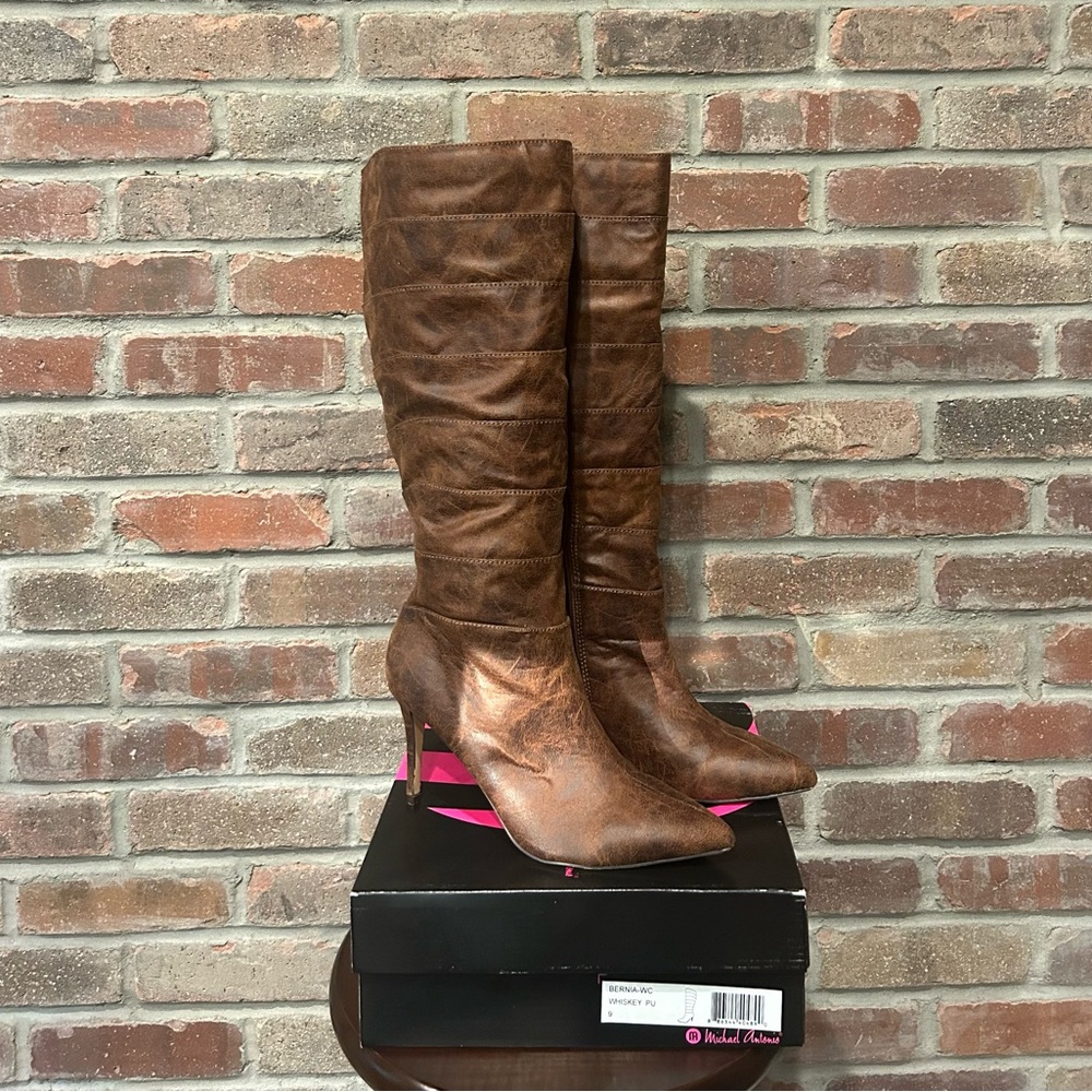 Michael Antonio Faux Leather Wide Calf Knee High Boots, Size 9, 3.25 Inch Heel.